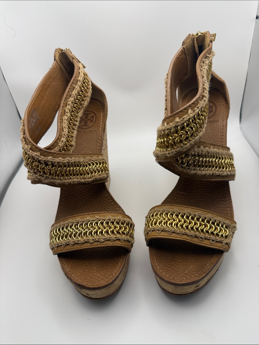 Tory Burch Brown Wedge Sandals with Gold Chain Trim
